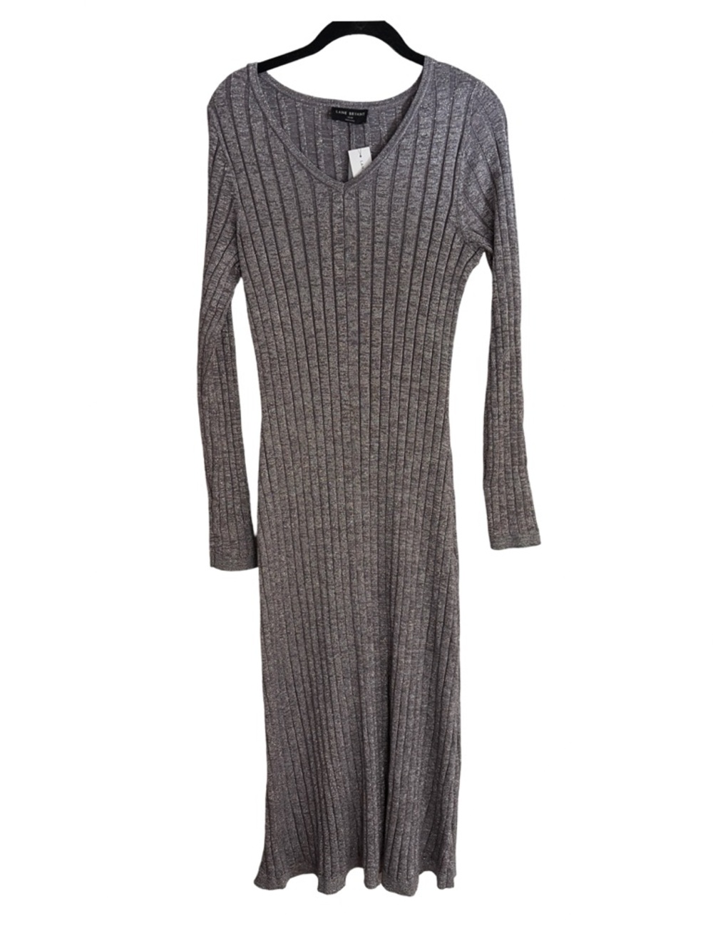 Lane Bryant Long Ribbed Knit V-Neck Dress in Gray Sparkle NWT